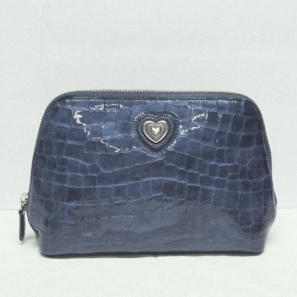 Brighton Bellissimo Heart Croc Print Blue Patent Leather Cosmetic Bag Pouch